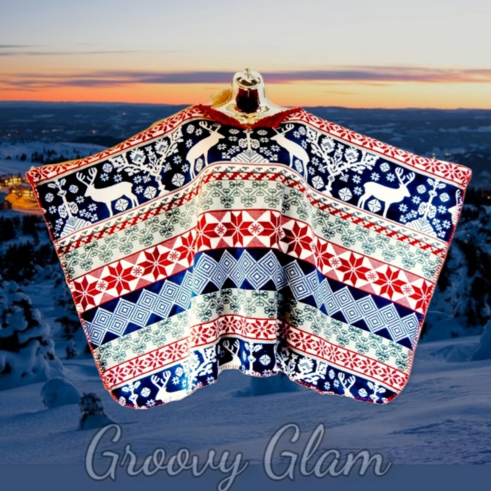 GROOVY GLAM Handmade Red White and Blue Nordic Reindeer Plush Sherpa Poncho